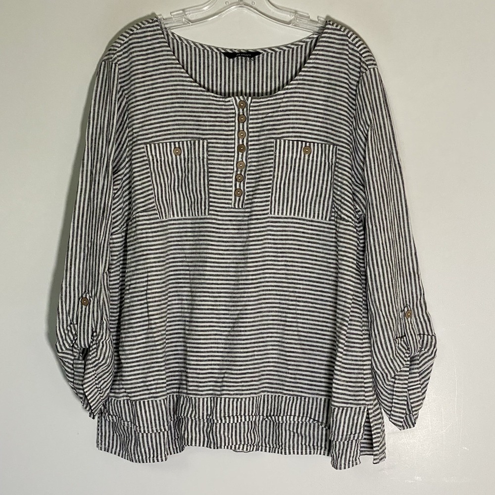 Ali Miles Top Womens Large Gray Stripe Linen Blend Button Layered Lagenlook Art